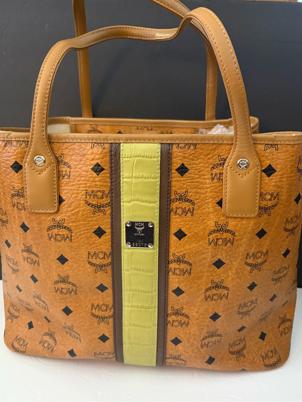 Authentic MCM Cognac Visetos Tote Bag Shopper Coated Canvas Leather Straps